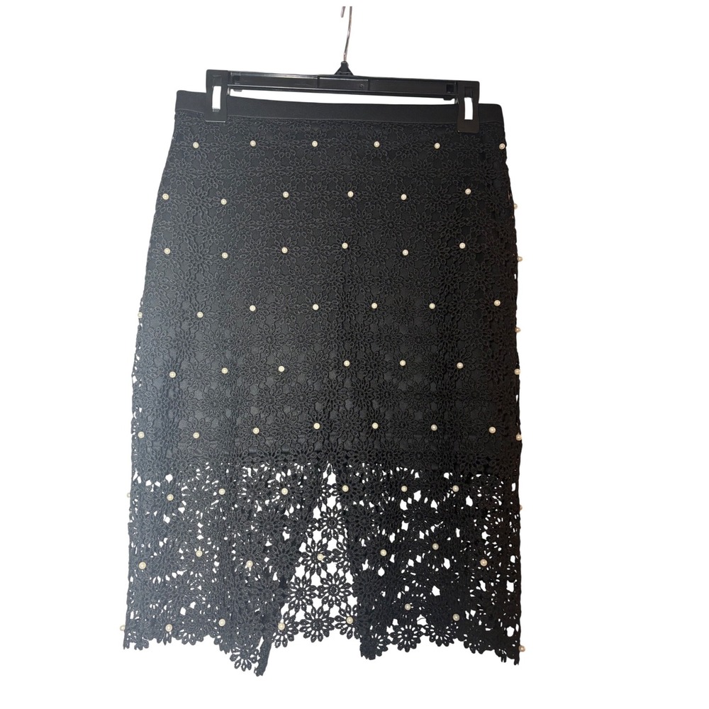 Zarga NWT Black Floral Lace Pearl‎ Embellished Pencil Skirt - Medium